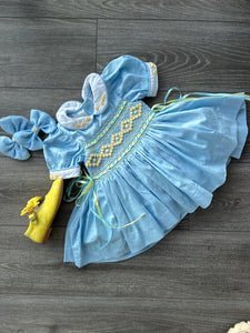 Blue/ Lemon smock front&back Dress with bows
