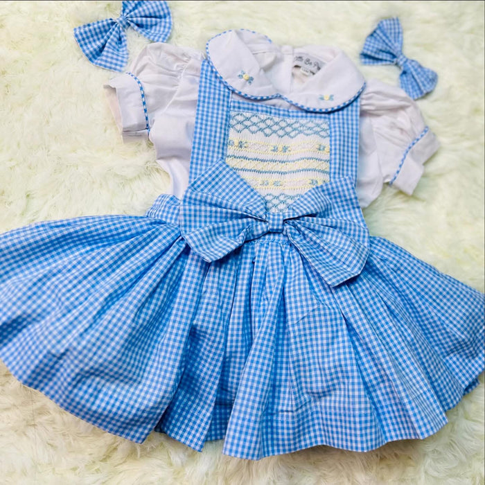 Blue/white cheque smock pinafore dress& shirt (in stock)