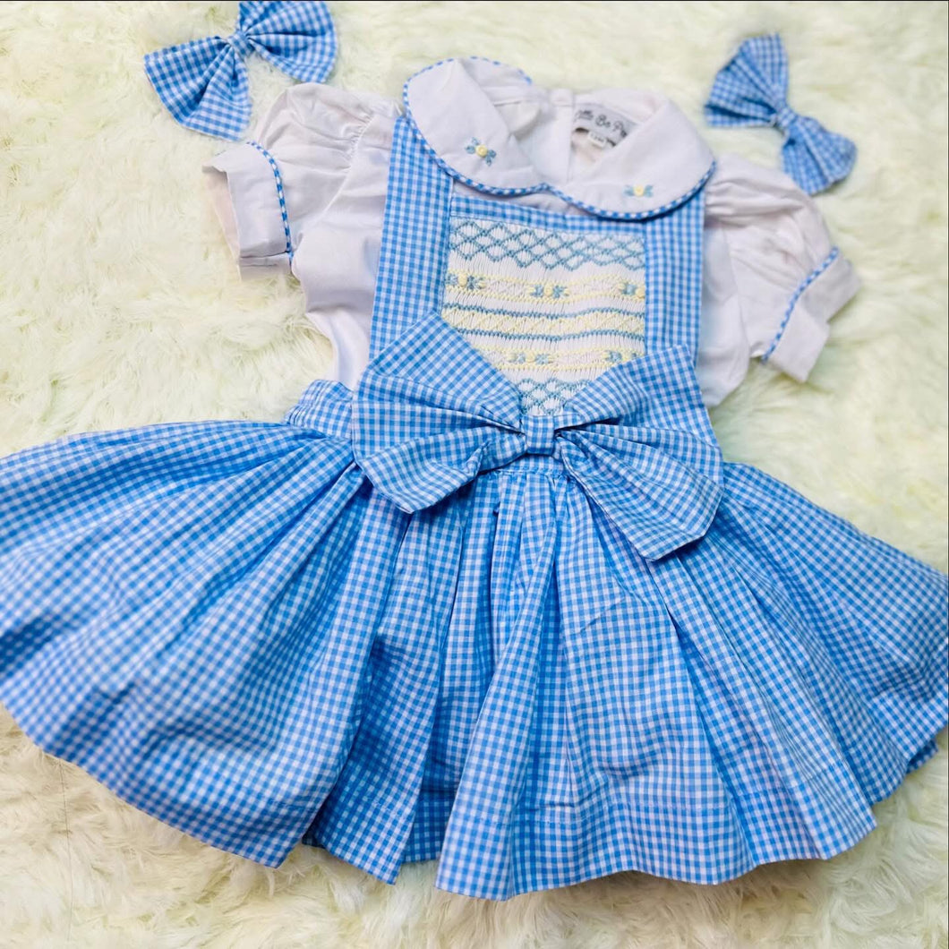Blue/white cheque smock pinafore dress& shirt (in stock)