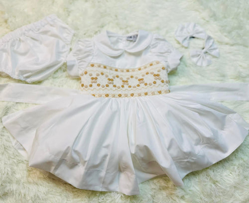 White with gold/tan smock dress ( in stock)