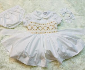 White with gold/tan smock dress ( in stock)