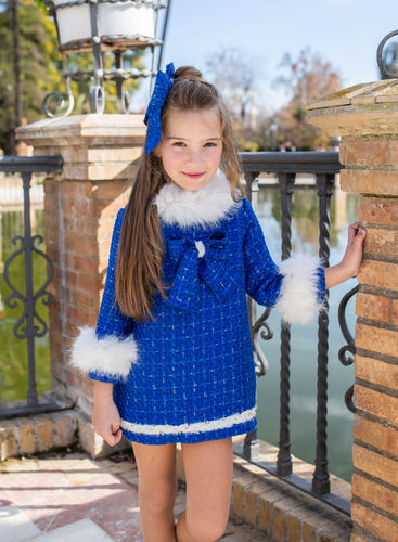 7635 Royal blue Naxos dress with fur trim