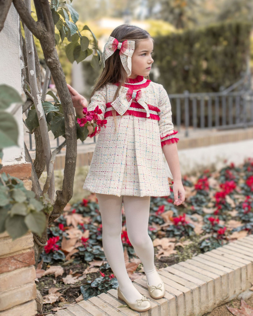 7636 Naxos Cream/ red tweed dress