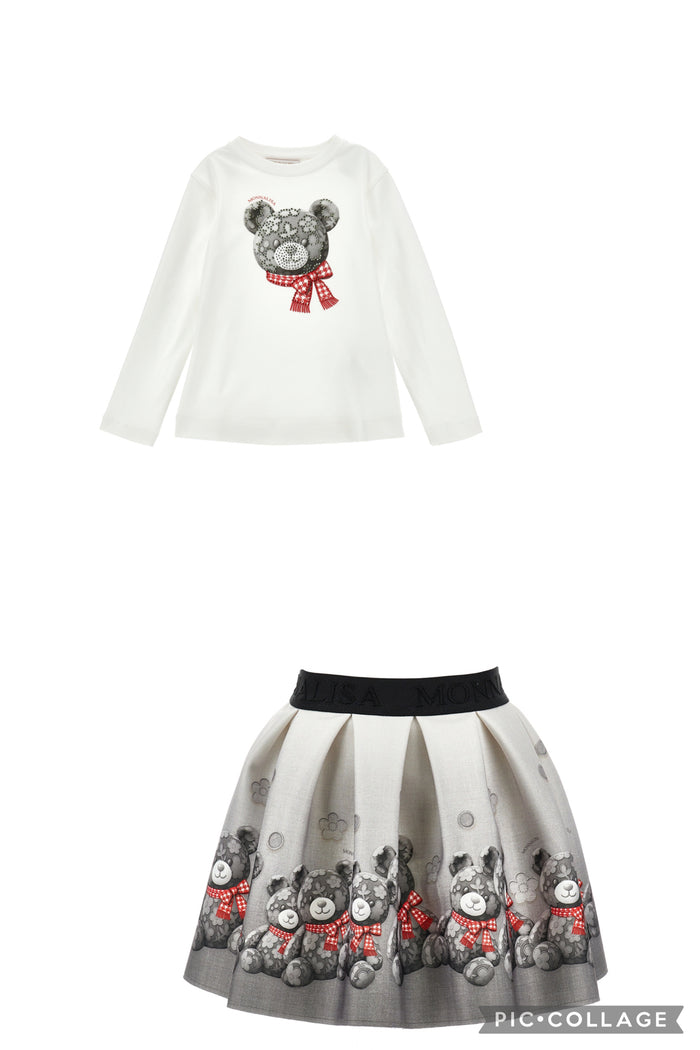 Monnalisa AW26 Grey/ Red teddy skirt & top set