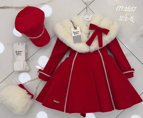 Girls Red dress,white poncho, hat, bag & tights set