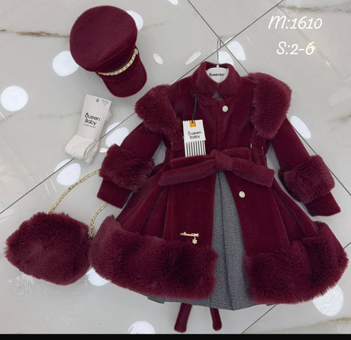 Wine Fur coat , dress, hat, bag & tights