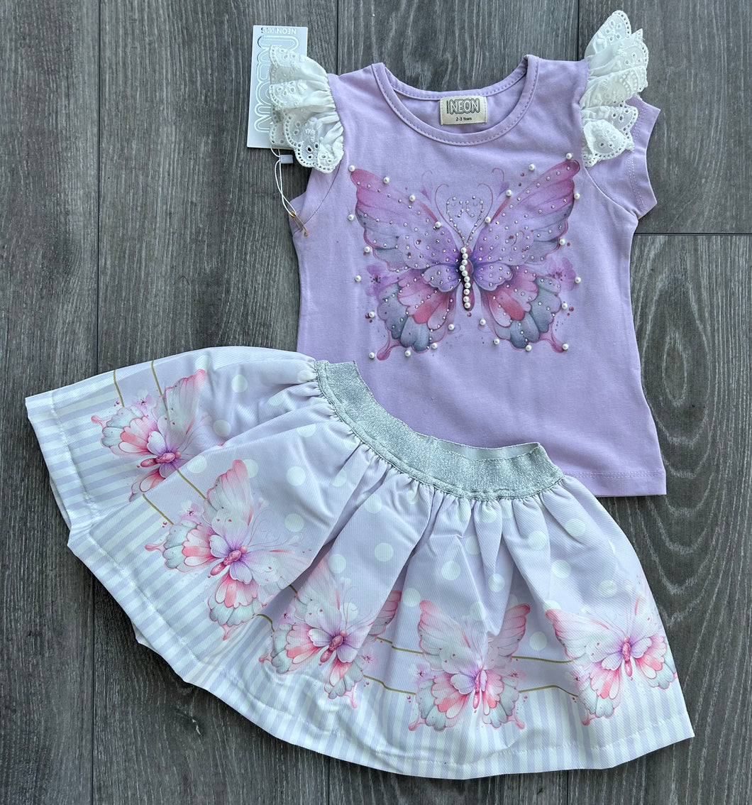 Neon Lilac butterfly skirt&top set