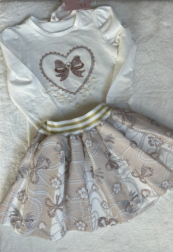 Gold& Cream bow skirt & top set