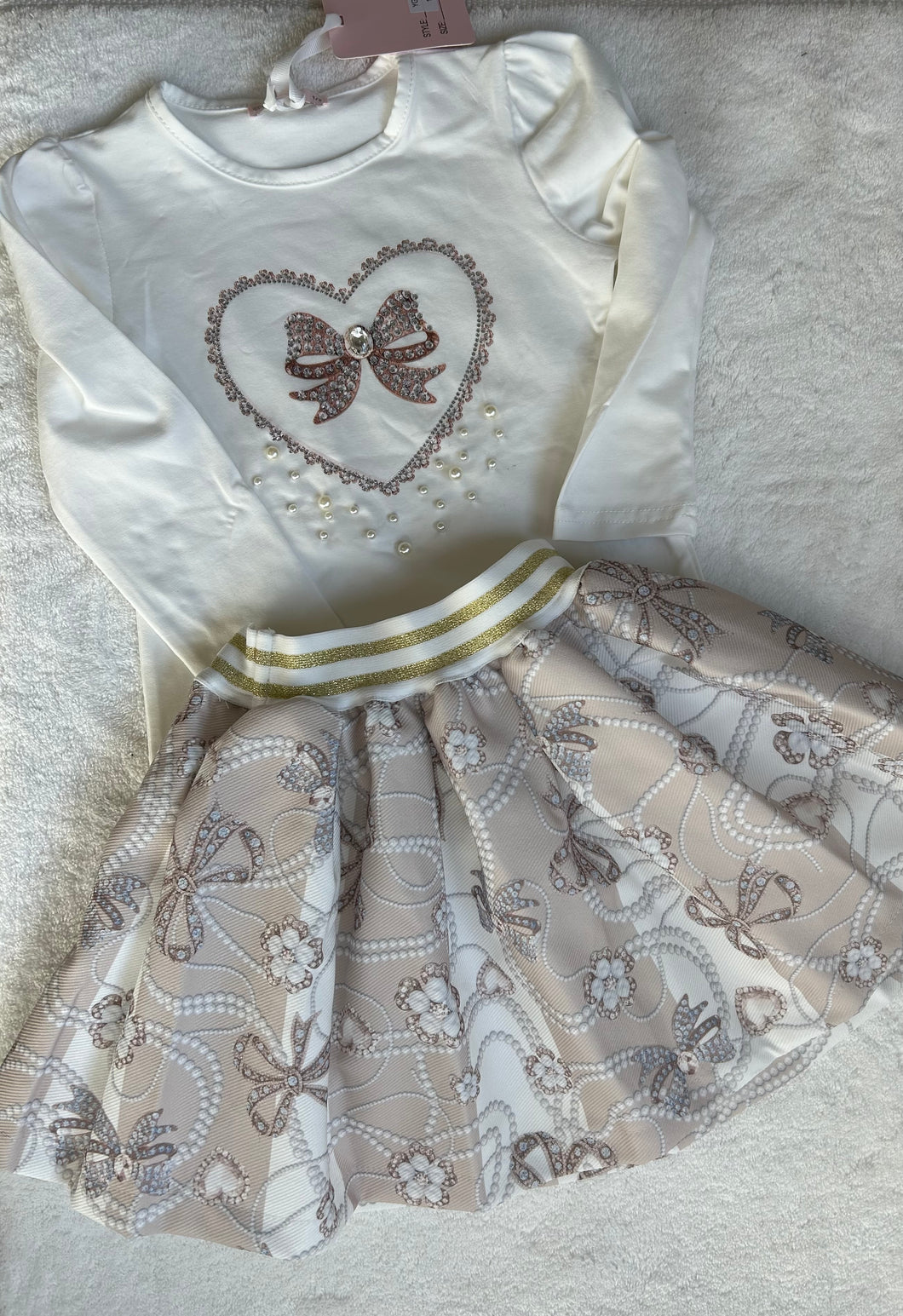 Gold& Cream bow skirt & top set