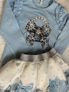 Blue bow&handbag skirt &top set
