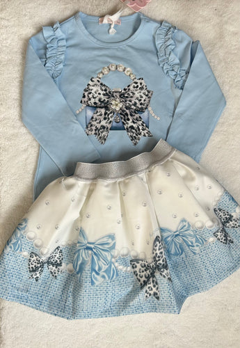 Blue bow&handbag skirt &top set
