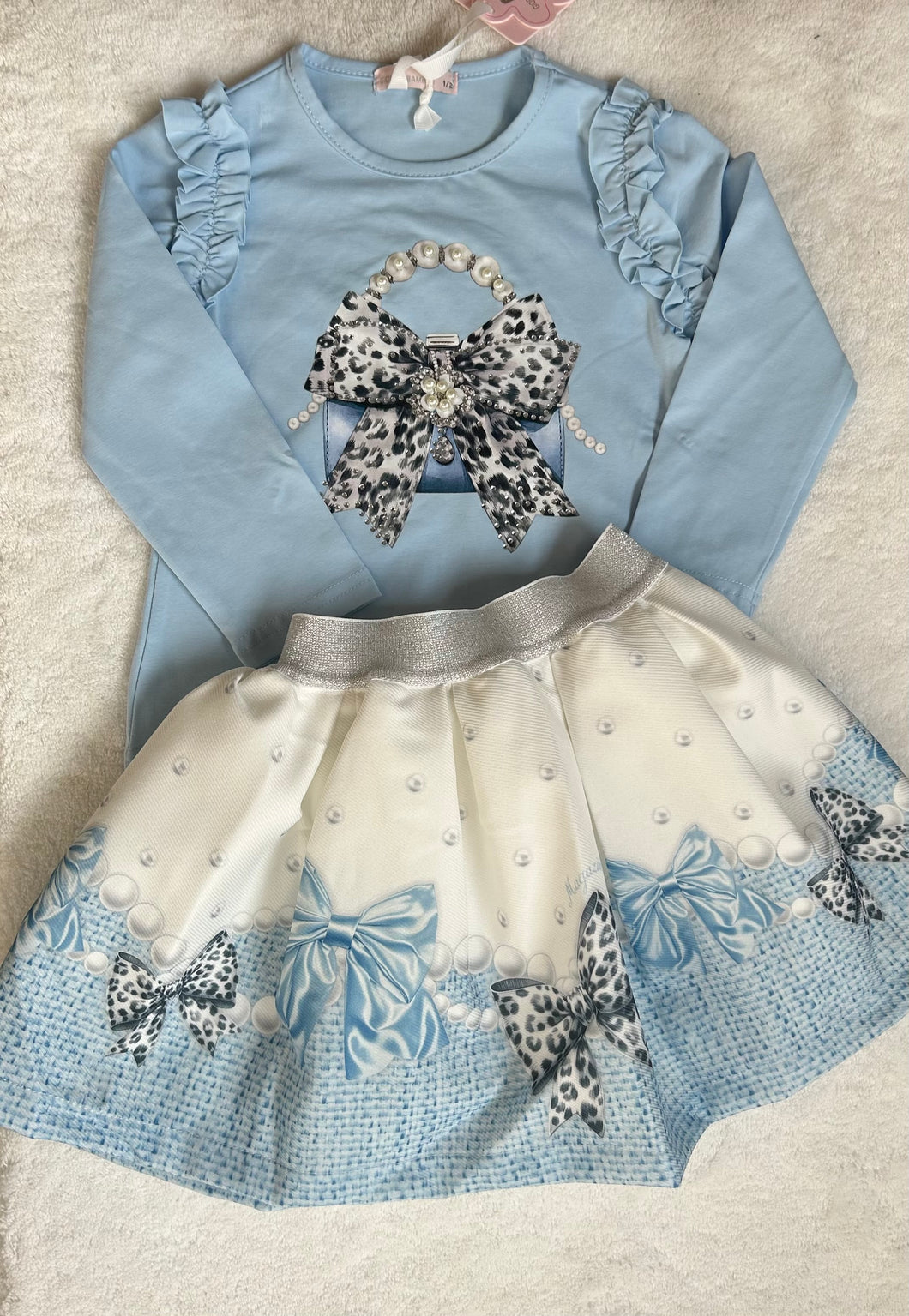 Blue bow&handbag skirt &top set