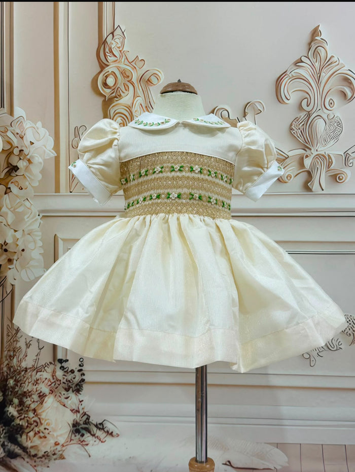 Cream Glitter dress with gold smocking (September deilvery)