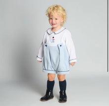Load image into Gallery viewer, Boys blue Soilder embroidery romper , coat &amp; hat set ( 2 week wait