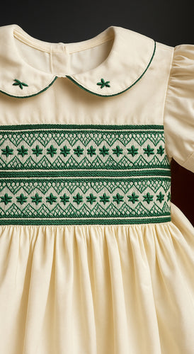 PREORDER Cream with green smocking dress ( end of November deilvery