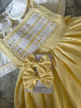 Load image into Gallery viewer, Girls lemon cheque smock pinafore and blouse set