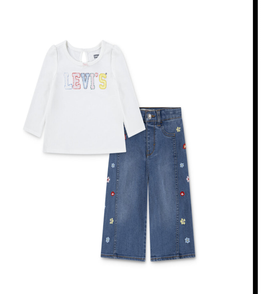 Girls Denim top & Flower print Levi jeans