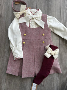 Girls wine pinafore,blouse, socks & hairband