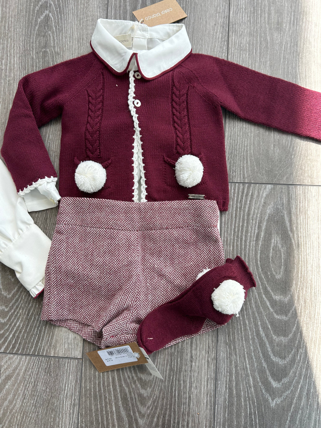 Boys wine cardigan, shirt , shorts , socks