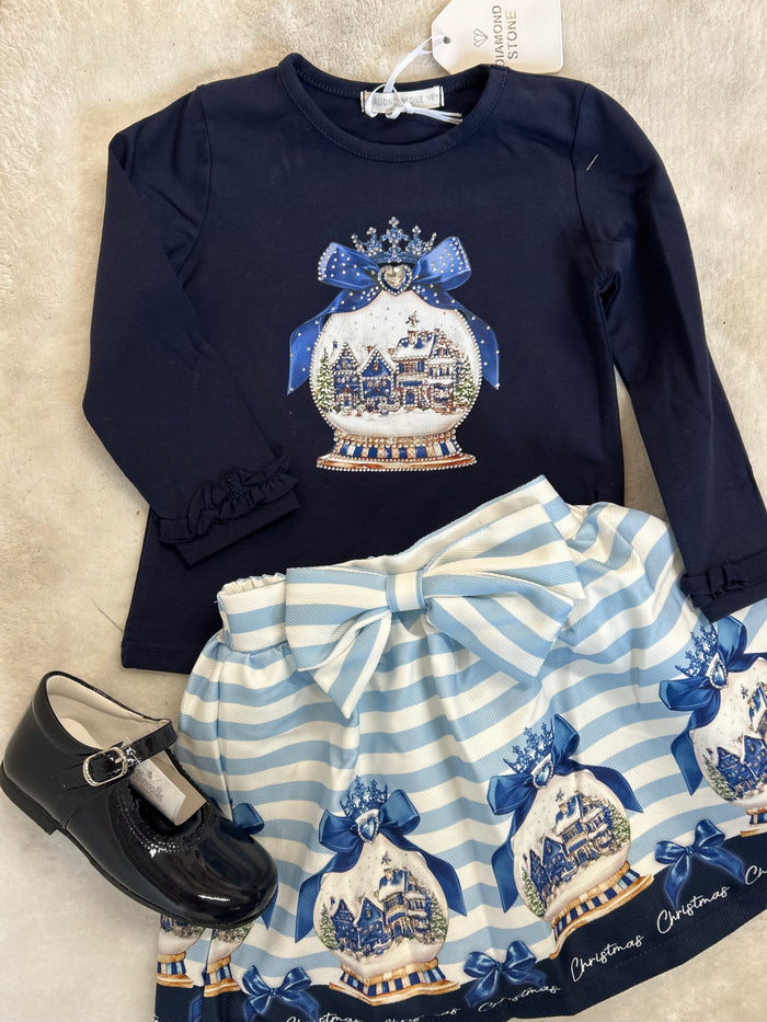 Navy & blue snow globe top & skirt set