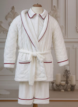 Load image into Gallery viewer, Boys white velvet with red trim quilted dressing gown &amp; pjs( October delivery