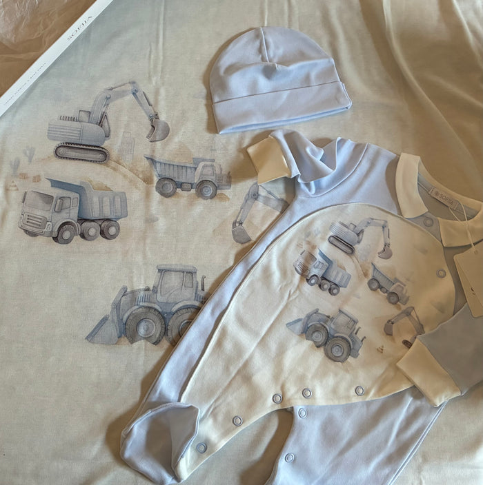 Baby boy blue digger babygrow,blanket & hat