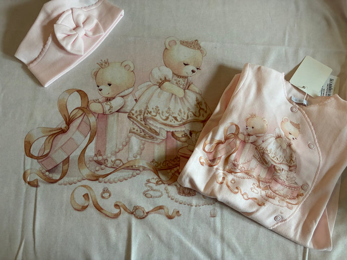Baby girl Pink teddy babygrow, blanket & hat