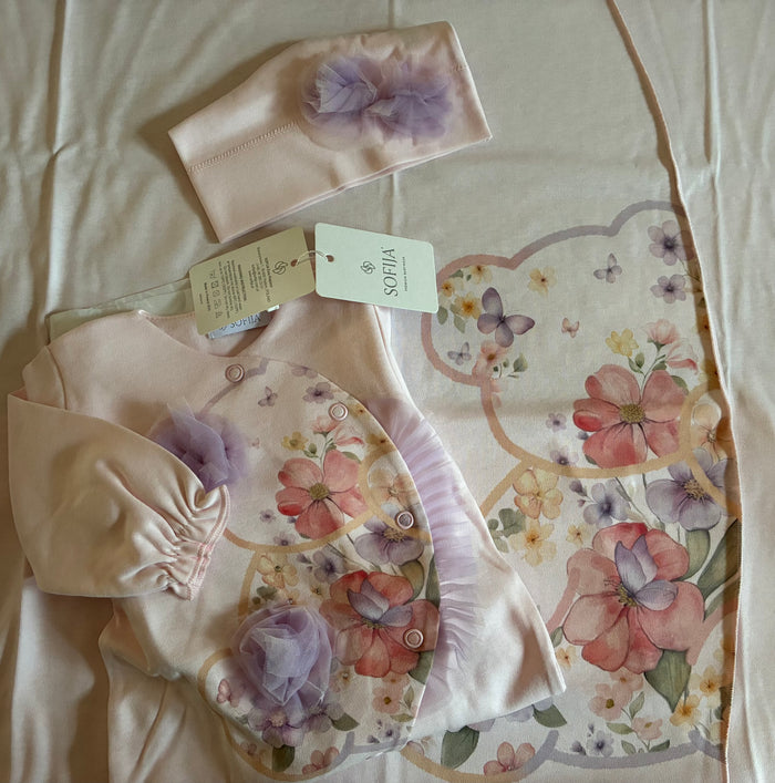 Baby girl Floral Sofija babygrow , blanket & hat