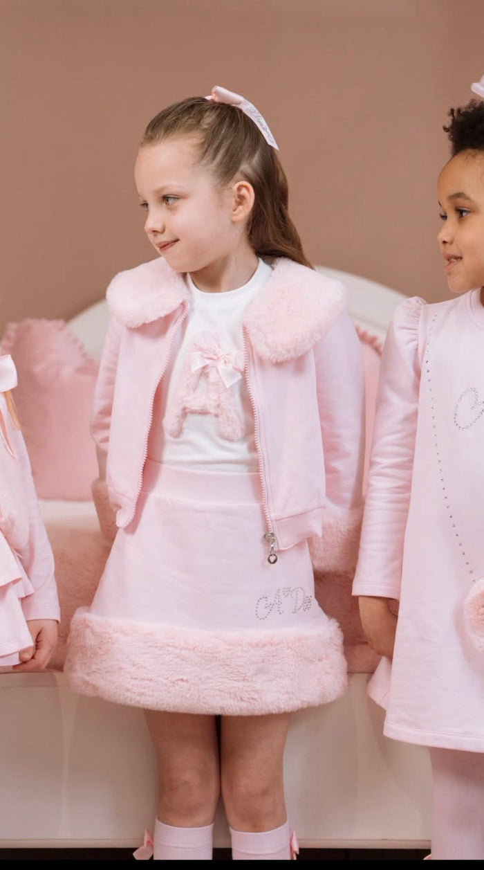 Adee Pink fur skirt set with jacket