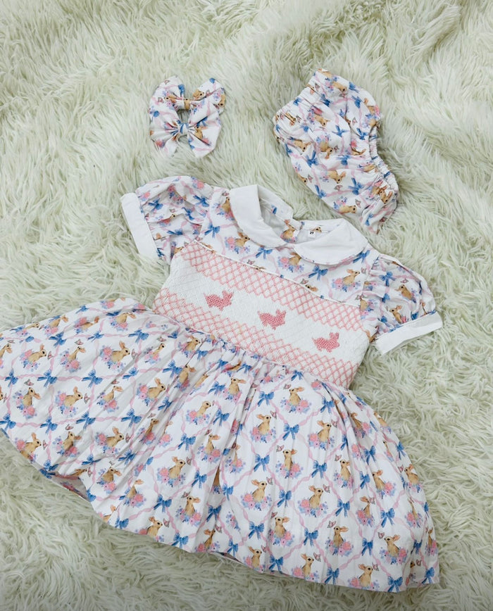 Girls Pink bunny& bow print smock dress