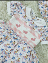Load image into Gallery viewer, Girls Pink bunny&amp; bow print smock dress (end of Feb deilvery