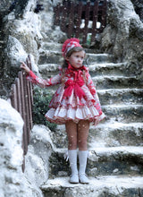 Load image into Gallery viewer, Ela Red/ gold dress with bonnet (3m -3yr) bow 4-6yr ( approx 4 week wait