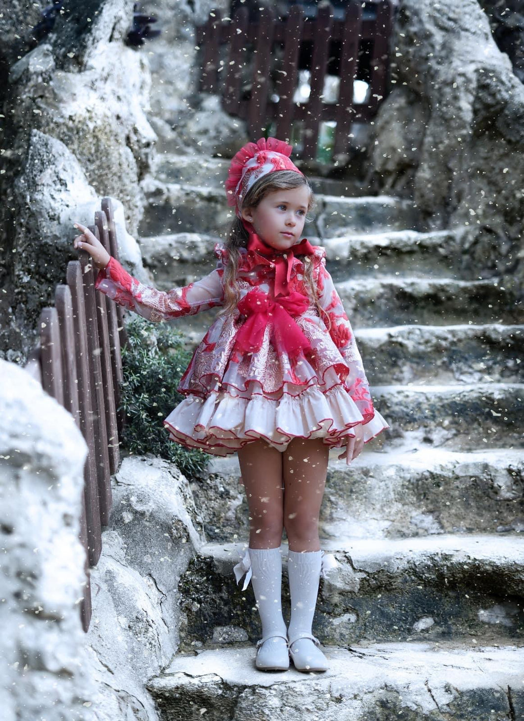 Ela Red/ gold dress with bonnet (3m -3yr) bow 4-6yr ( approx 4 week wait