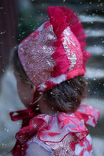 Load image into Gallery viewer, Ela Red/ gold dress with bonnet (3m -3yr) bow 4-6yr ( approx 4 week wait