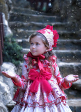 Load image into Gallery viewer, Ela Red/ gold dress with bonnet (3m -3yr) bow 4-6yr ( approx 4 week wait