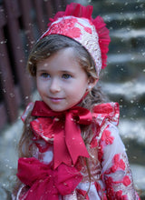 Load image into Gallery viewer, Ela Red/ gold dress with bonnet (3m -3yr) bow 4-6yr ( approx 4 week wait