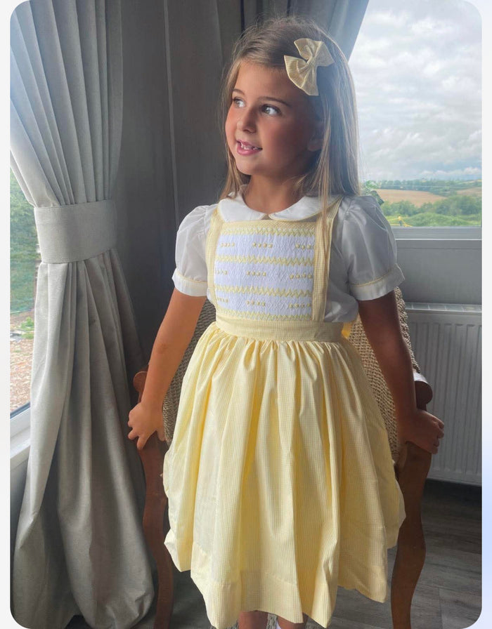Girls lemon cheque smock pinafore and blouse set
