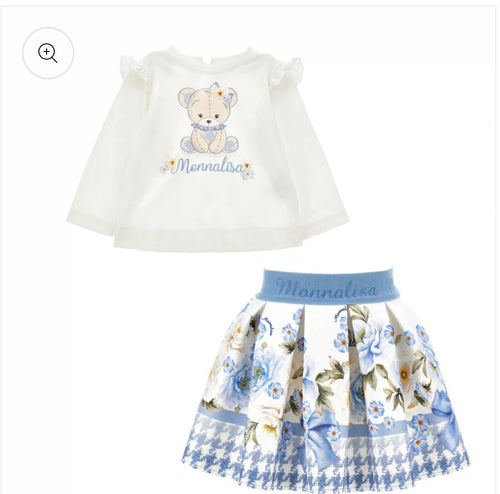 Monnalisa teddy blue floral skirt& top