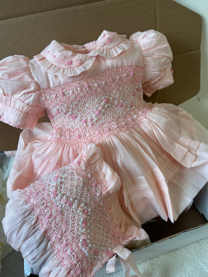 Soft pink Organza smock dress & bonnet (no bonnet with 4years +