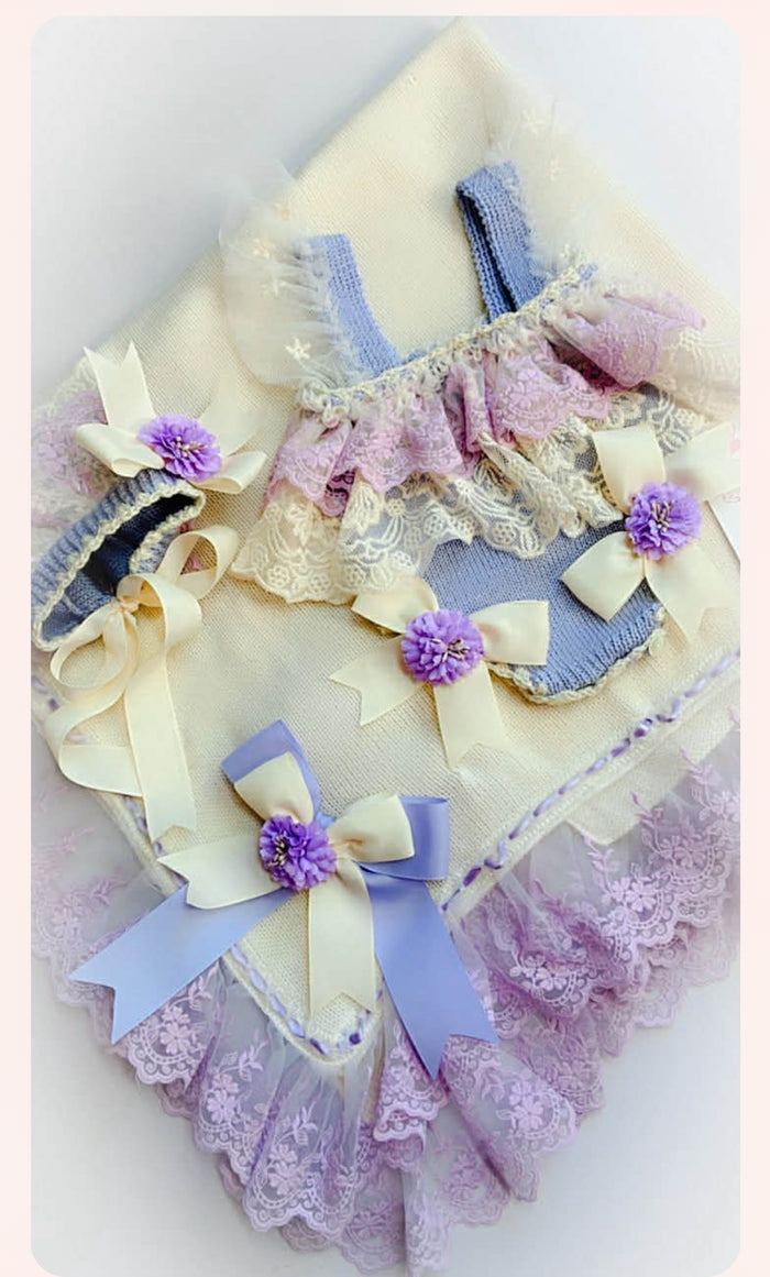 Ela Lux knit Lilac baby two piece, bonnet & blanket