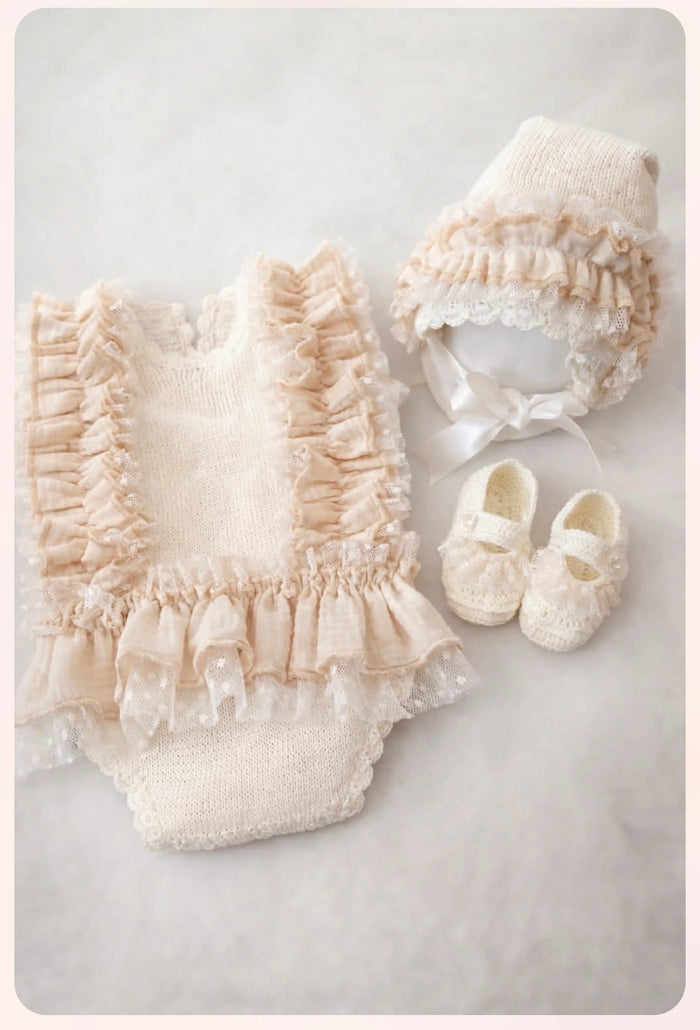 Ela Lux baby knitted romper , bonnet& booties