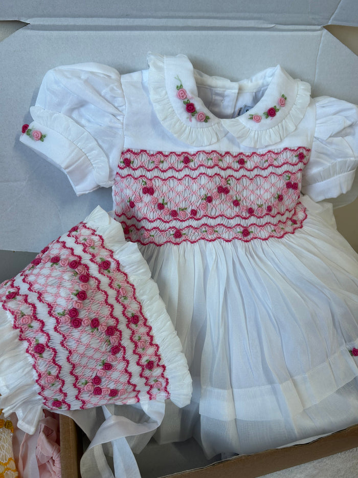 White with Pink smocking/embroidery & bonnet 4-6yr with bows