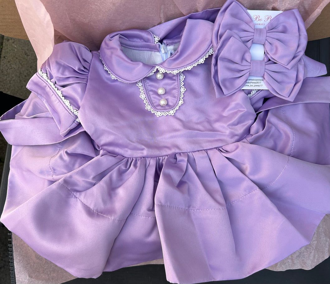 Lilac Satin classic dress with bows/hairband