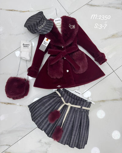 Wine Coat , skirt&top , hat , tights & bag