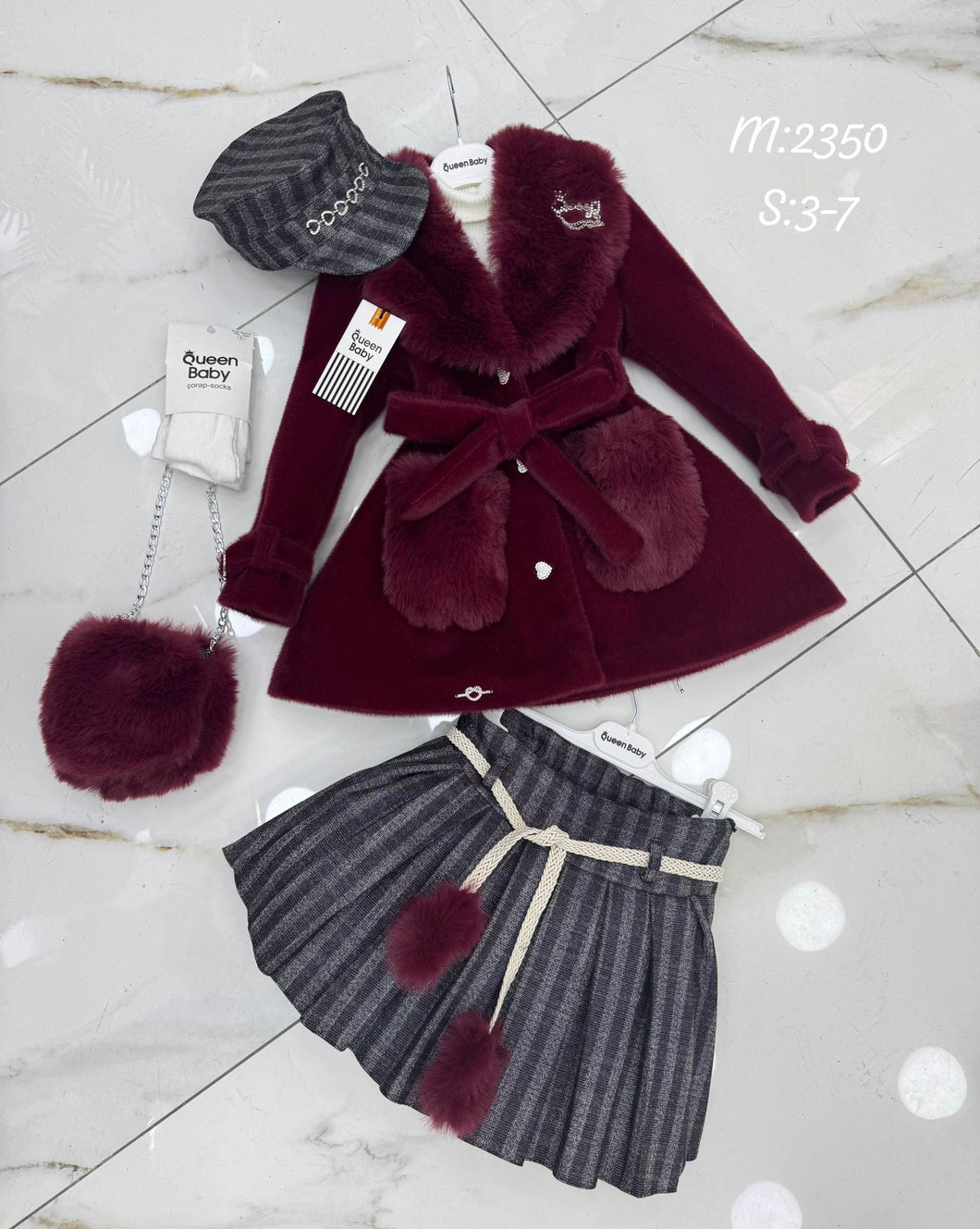 Wine Coat , skirt&top , hat , tights & bag