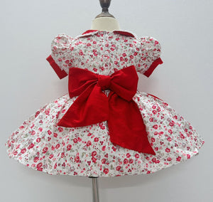 New red Floral classic dress with detachable pinny