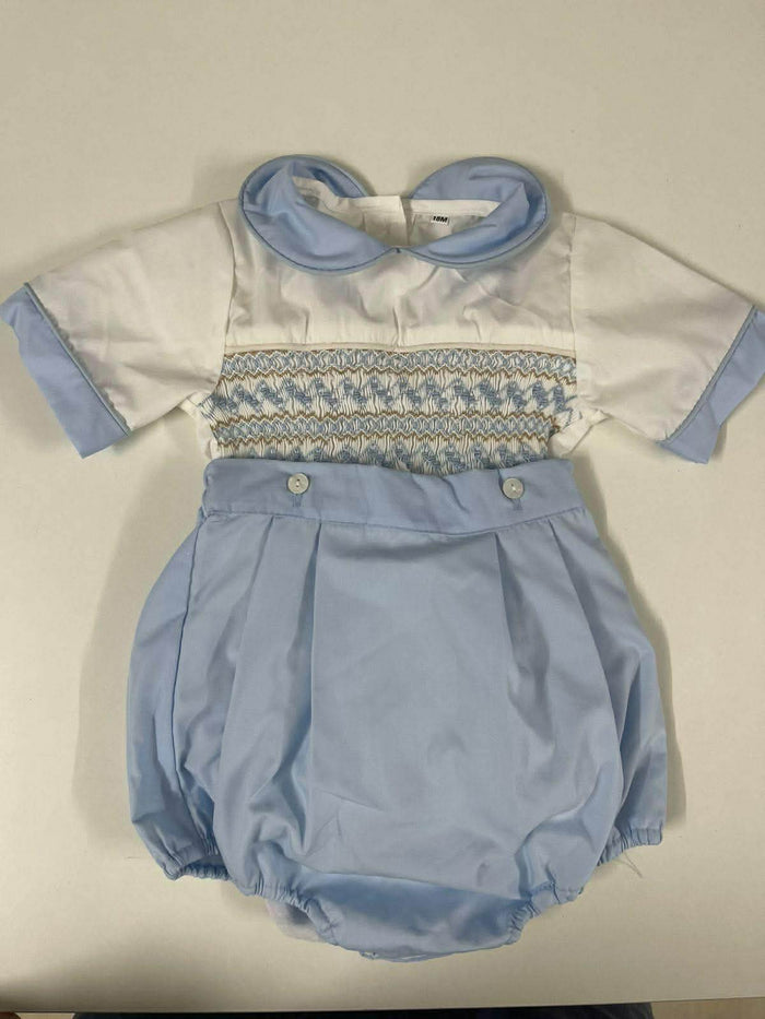 Boys Blue with tan smocking romper
