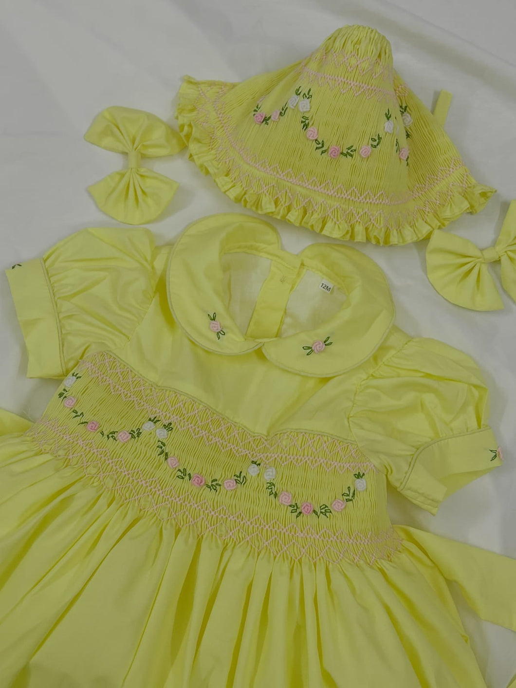 Preorder Lemon with pink Smock dress with bonnet / bow( delivery early march)