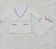 Load image into Gallery viewer, Boys white velvet with red trim quilted dressing gown &amp; pjs( October delivery