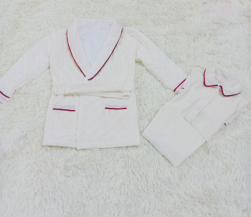 Boys white velvet with red trim quilted dressing gown & pjs( October delivery